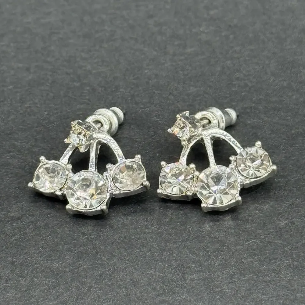 Vintage Silver-Tone Clear Rhinestone Triple Droplet Fan Post Earrings Set